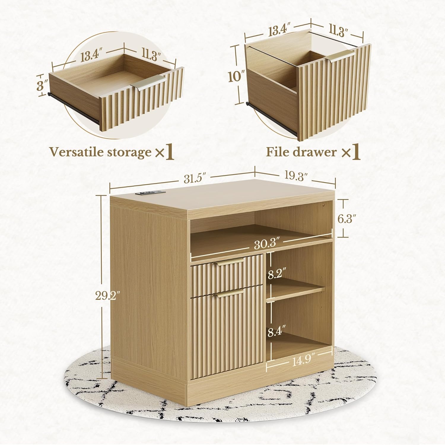 2 Drawers Wood File Cabinet with Lock - Fluted - Dark Walnut