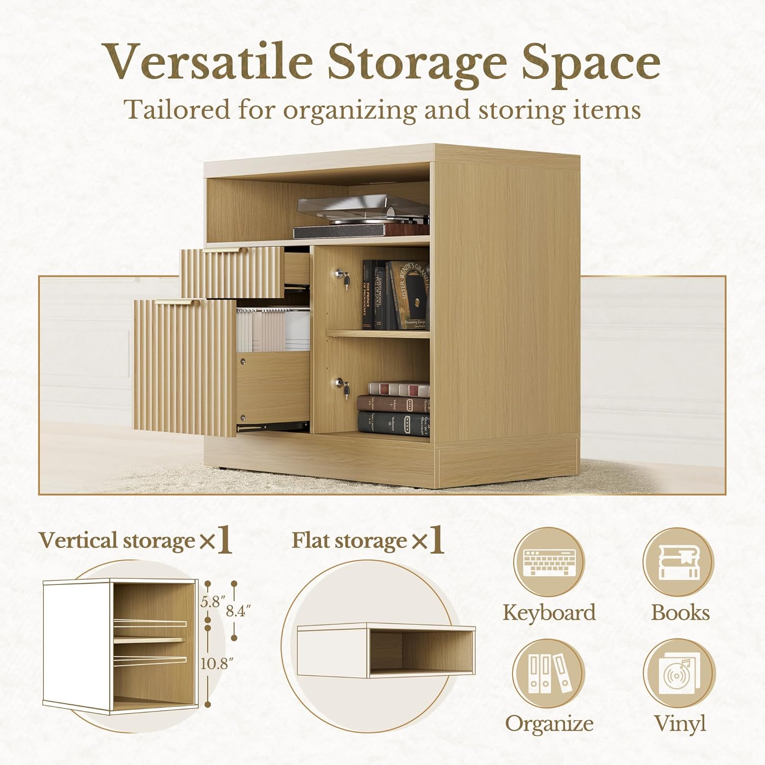 2 Drawers Wood File Cabinet with Lock - Fluted - Dark Walnut