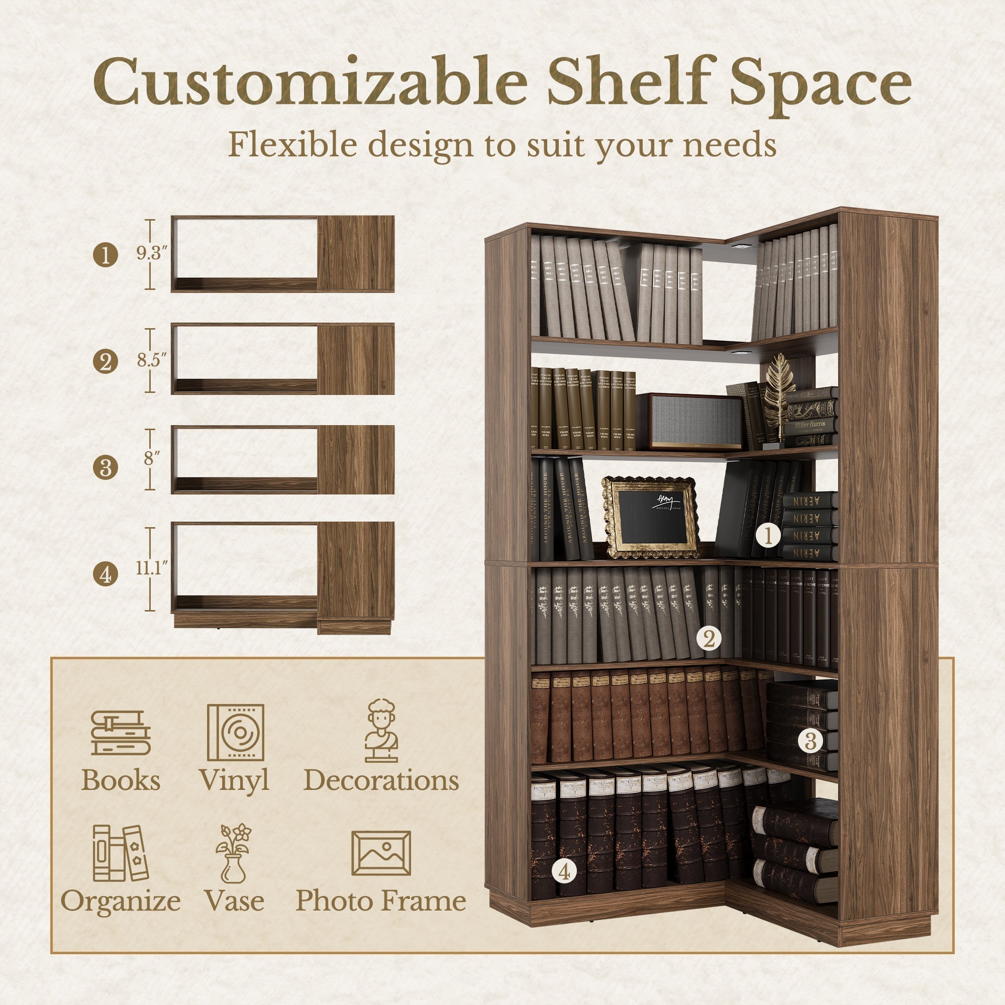 73" 6 - Tier Adjustable Corner Bookshelf - Fluted - Dark Walnut