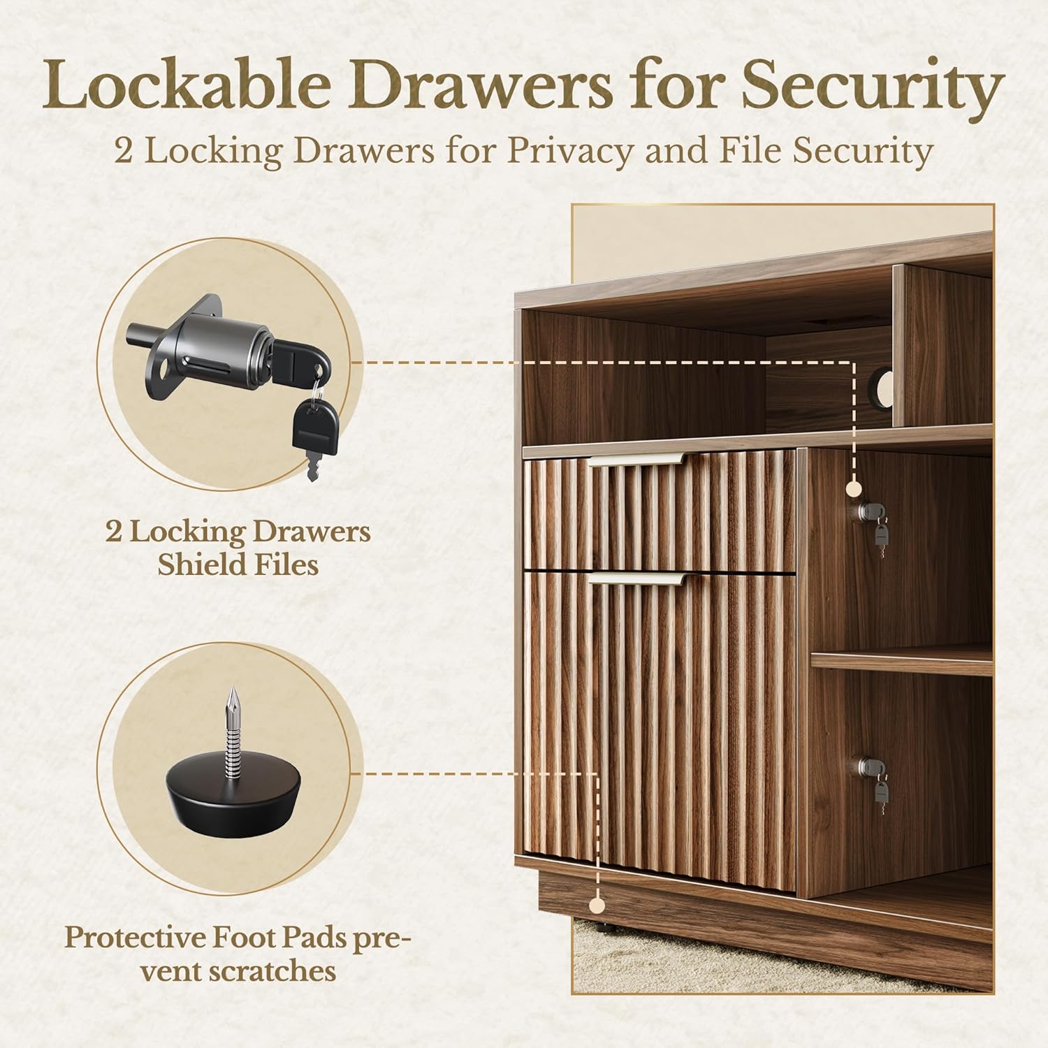 Fluted Wood Office Cabinet with Charging - Fluted - Dark Walnut