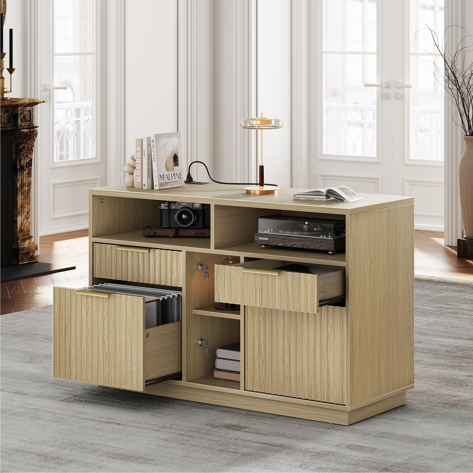 Fluted Wood Office Cabinet with Charging - Fluted - Dark Walnut