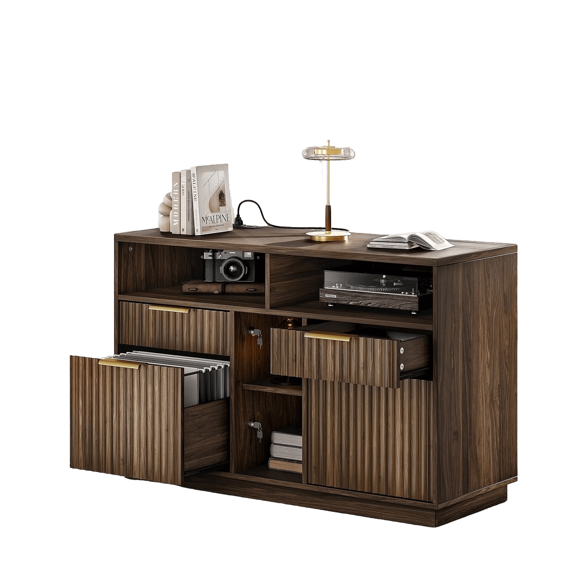 Fluted Wood Office Cabinet with Charging - Fluted - Dark Walnut