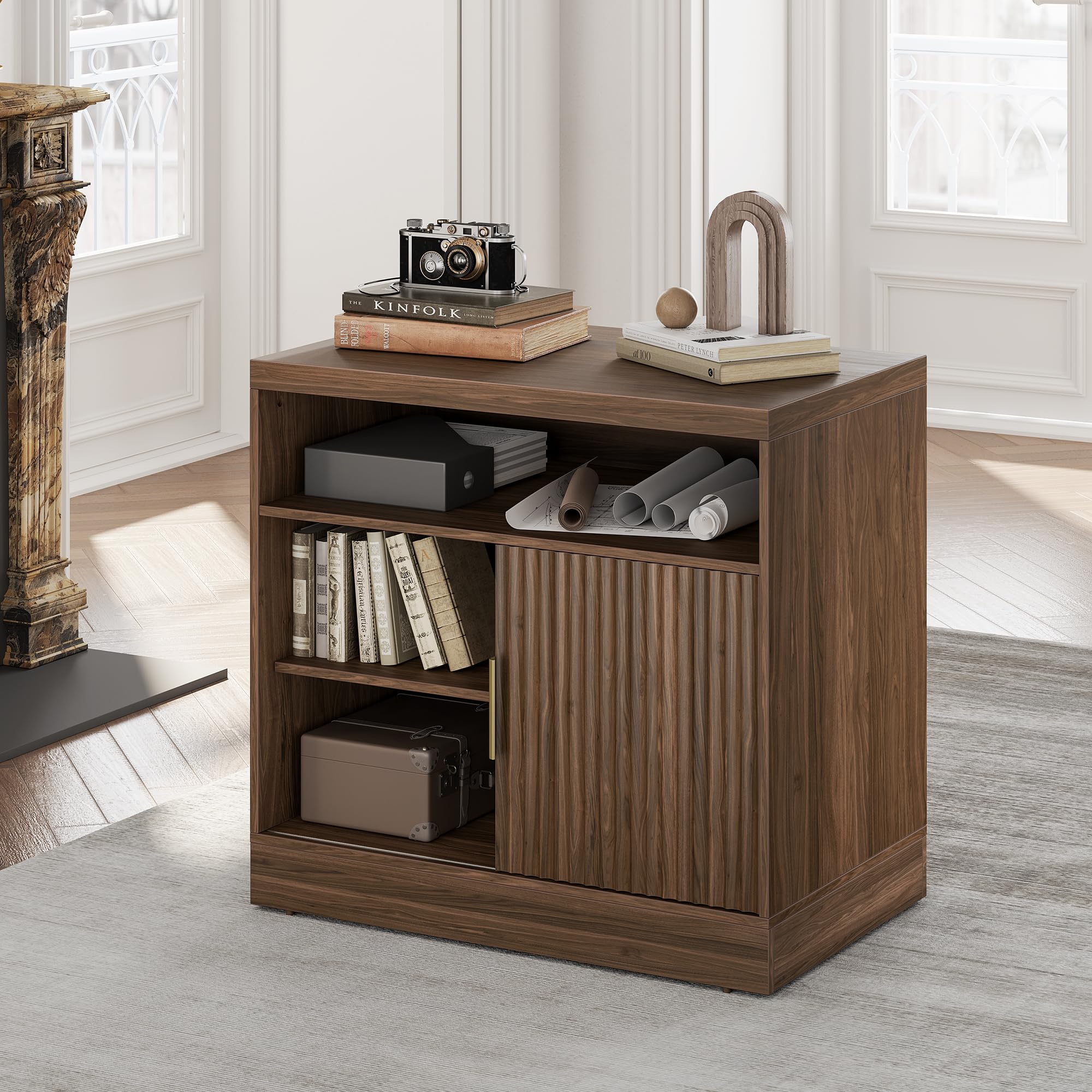 Sliding Door Lateral Filing Cabinet with Adjustable Shelving - Fluted - Dark Walnut