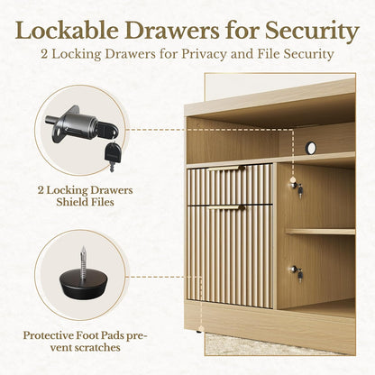 2 Drawers Wood File Cabinet with Lock - Fluted - Dark Walnut