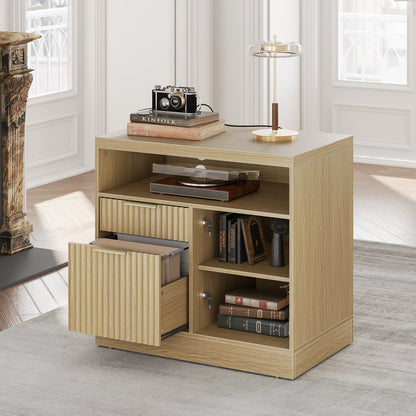 2 Drawers Wood File Cabinet with Lock - Fluted - Natural Oak