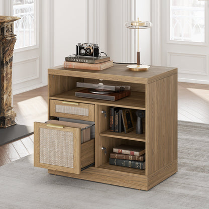 2 Drawers Wood File Cabinet with Lock - Rattan - Light Walnut