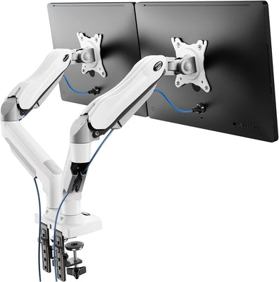 HUANUO White Dual Monitor Arm Desk Mount for 13 to 32 Inch Screens, Dual Monito Stand for Curved Flat Screens, Double Monito Arm VESA Mount 75 & 100 mm
