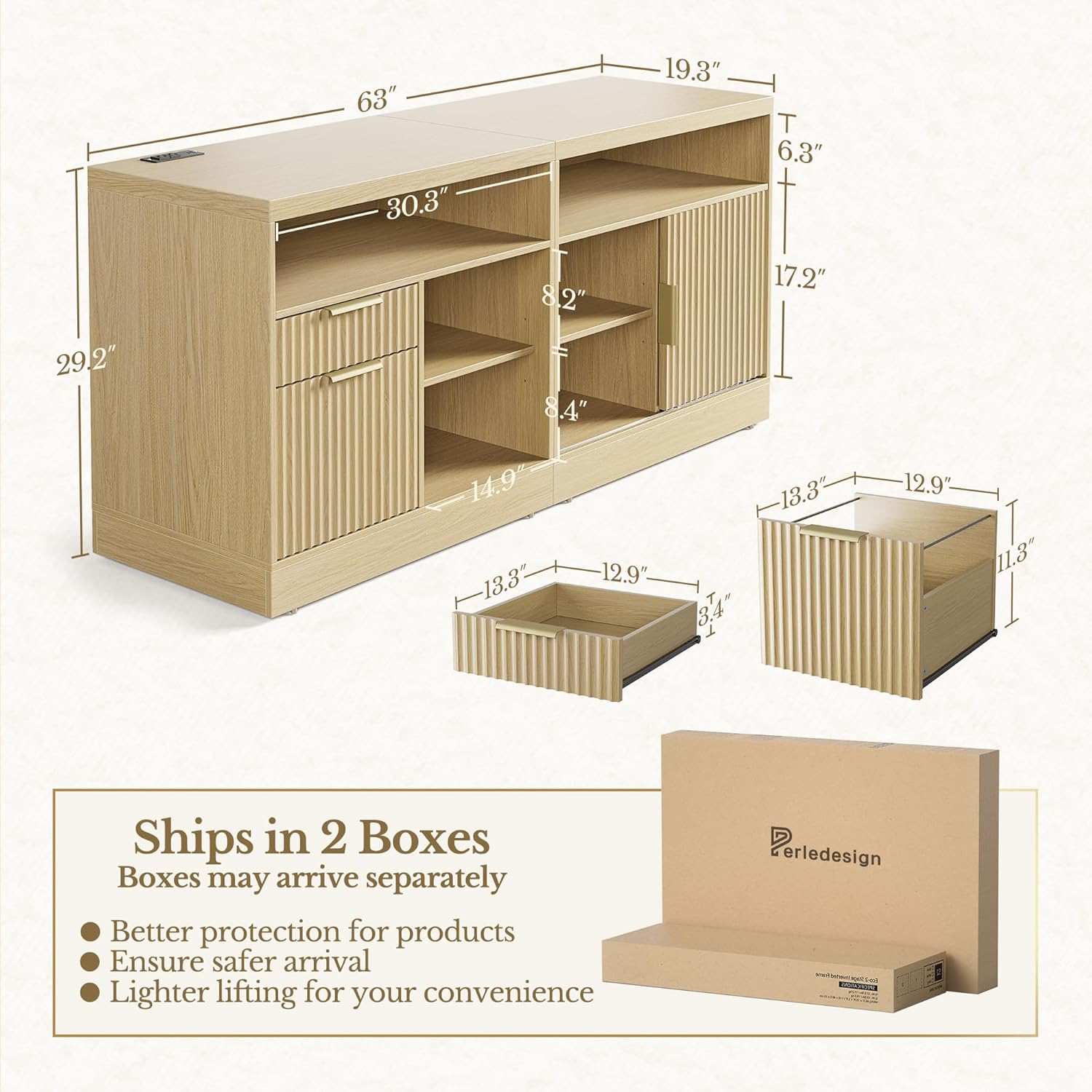 63" 2 Drawer File Cabinet with Lock & Wood Lateral File Cabinet - Fluted - Dark Walnut