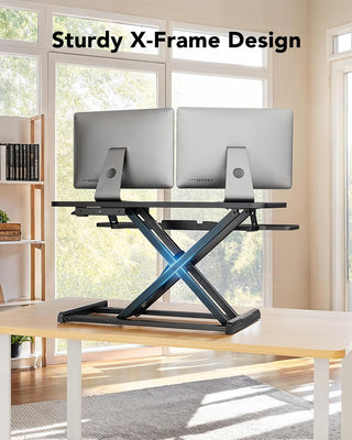 HUANUO Standing Desk Converter, 80cm/32'' Desk Riser with Large Keyboard Tray, Sit Stand Desk Riser for Dual Monitor with Smooth Pneumatic Lift System, Computer Workstation, Easy Assembly