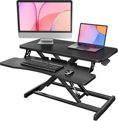 HUANUO Standing Desk Converter, 80cm/32'' Desk Riser with Large Keyboard Tray, Sit Stand Desk Riser for Dual Monitor with Smooth Pneumatic Lift System, Computer Workstation, Easy Assembly