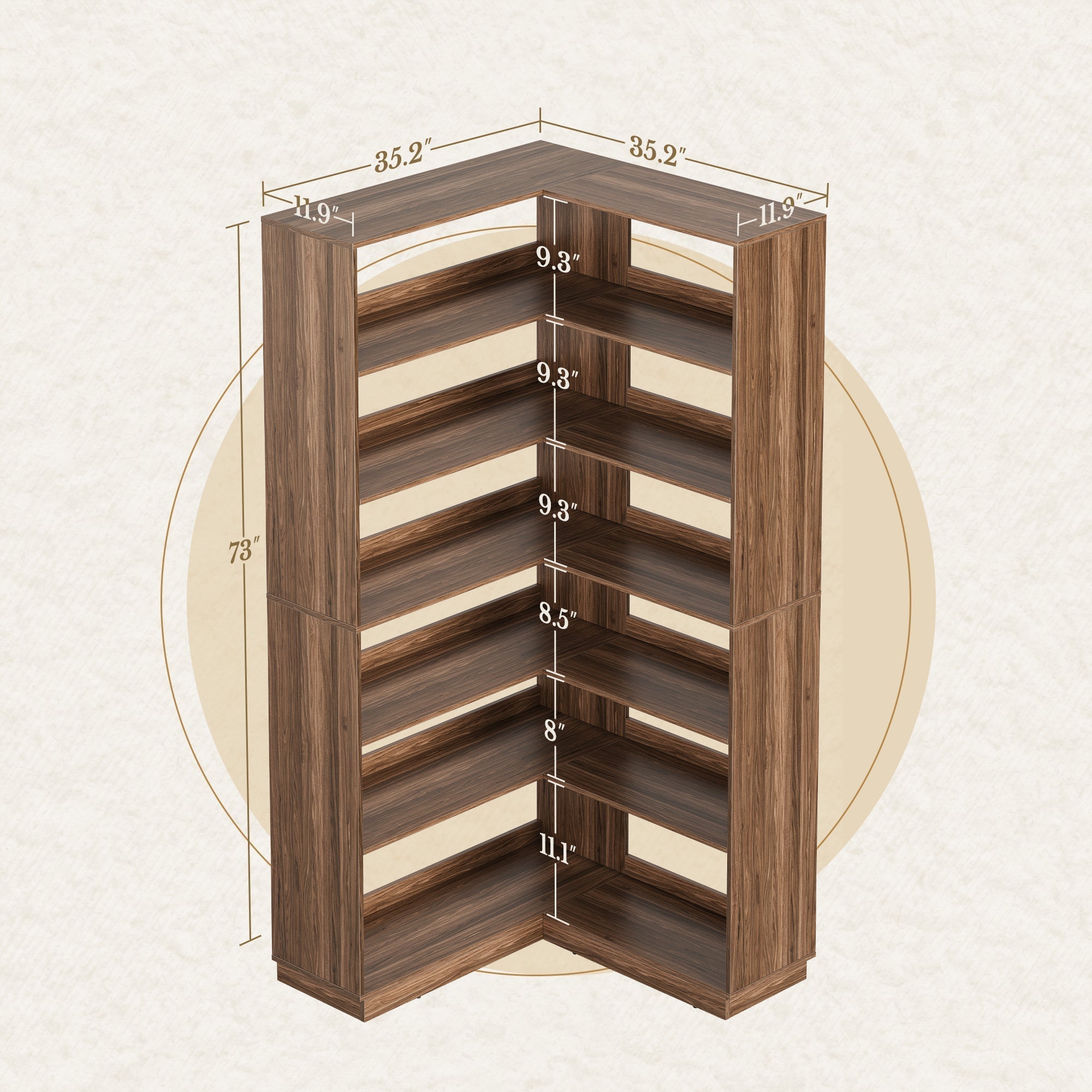 73" 6 - Tier Adjustable Corner Bookshelf - Fluted - Dark Walnut
