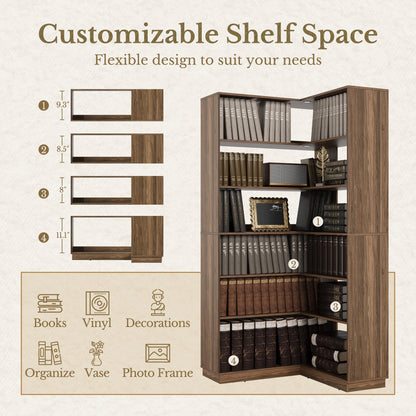 73" 6 - Tier Adjustable Corner Bookshelf - Fluted - Dark Walnut