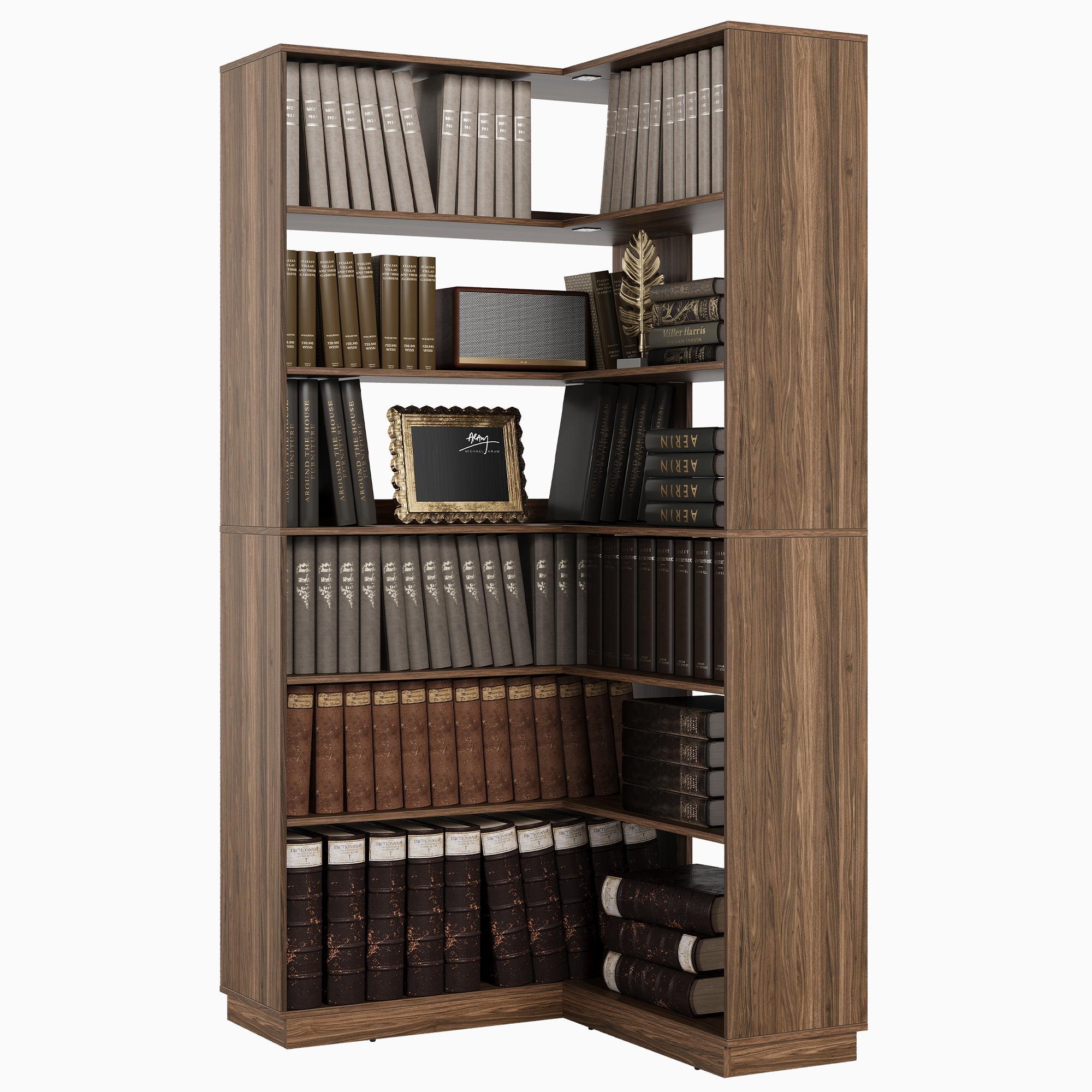 73" 6 - Tier Adjustable Corner Bookshelf - Fluted - Dark Walnut