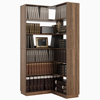73" 6 - Tier Adjustable Corner Bookshelf - Fluted - Dark Walnut