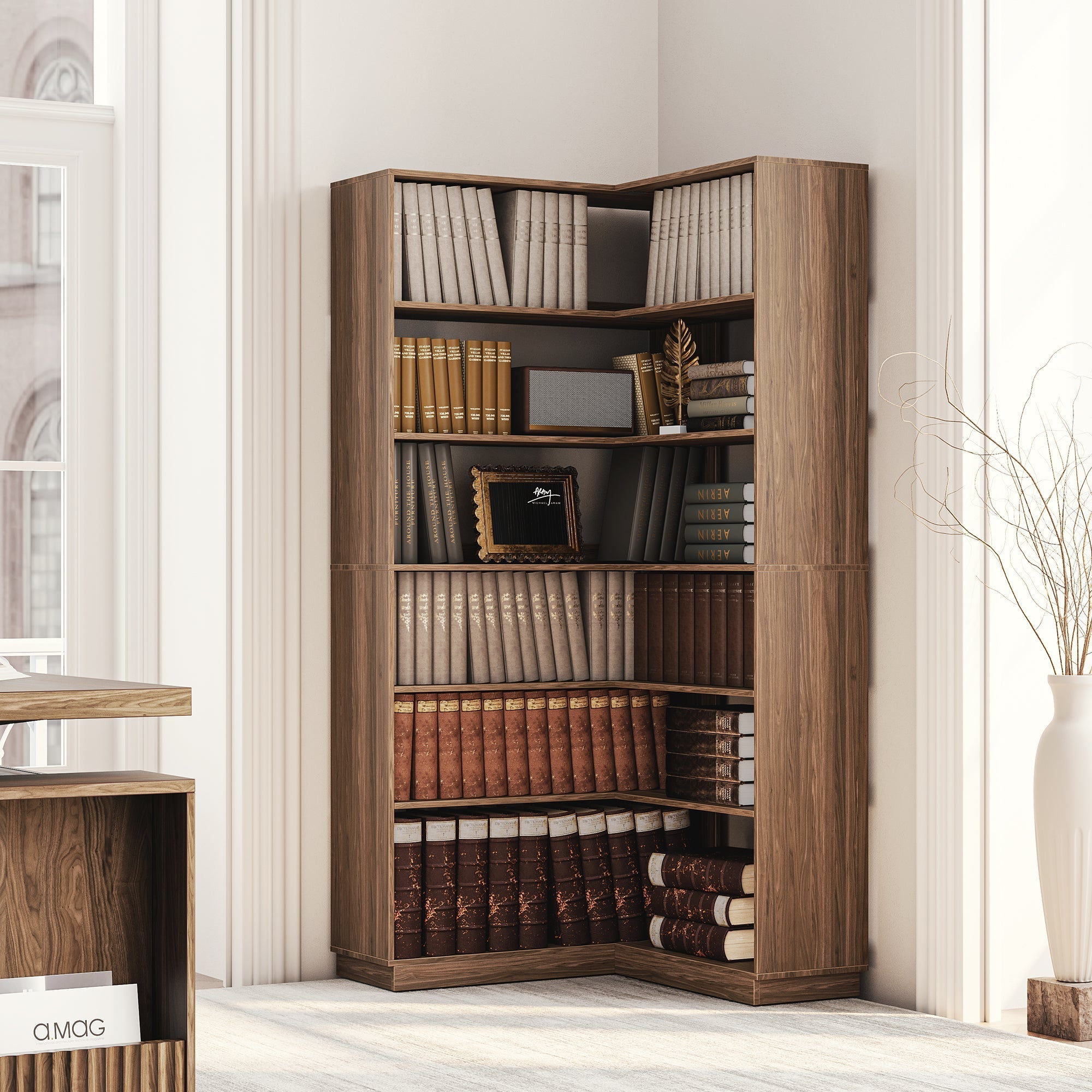 73" 6 - Tier Adjustable Corner Bookshelf - Fluted - Dark Walnut
