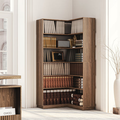 73" 6 - Tier Adjustable Corner Bookshelf - Fluted - Dark Walnut