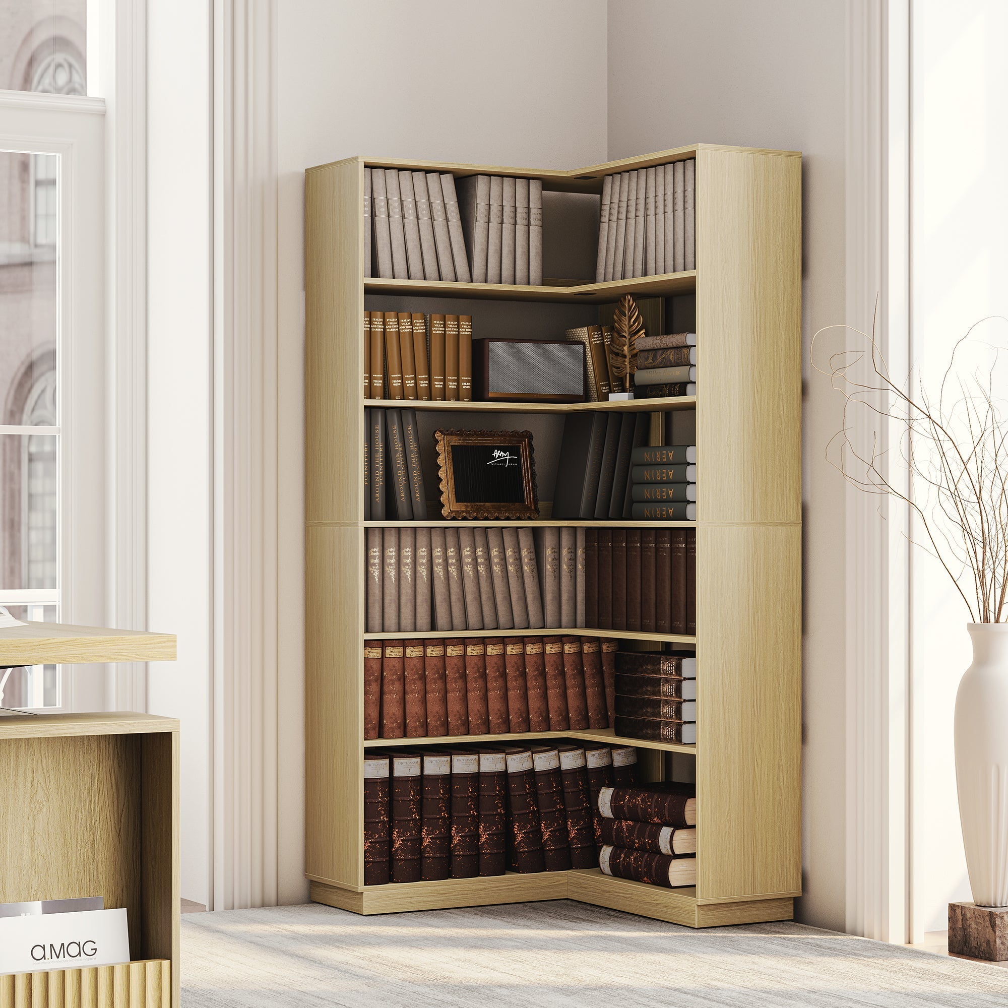 73" 6 - Tier Adjustable Corner Bookshelf - Fluted - Dark Walnut