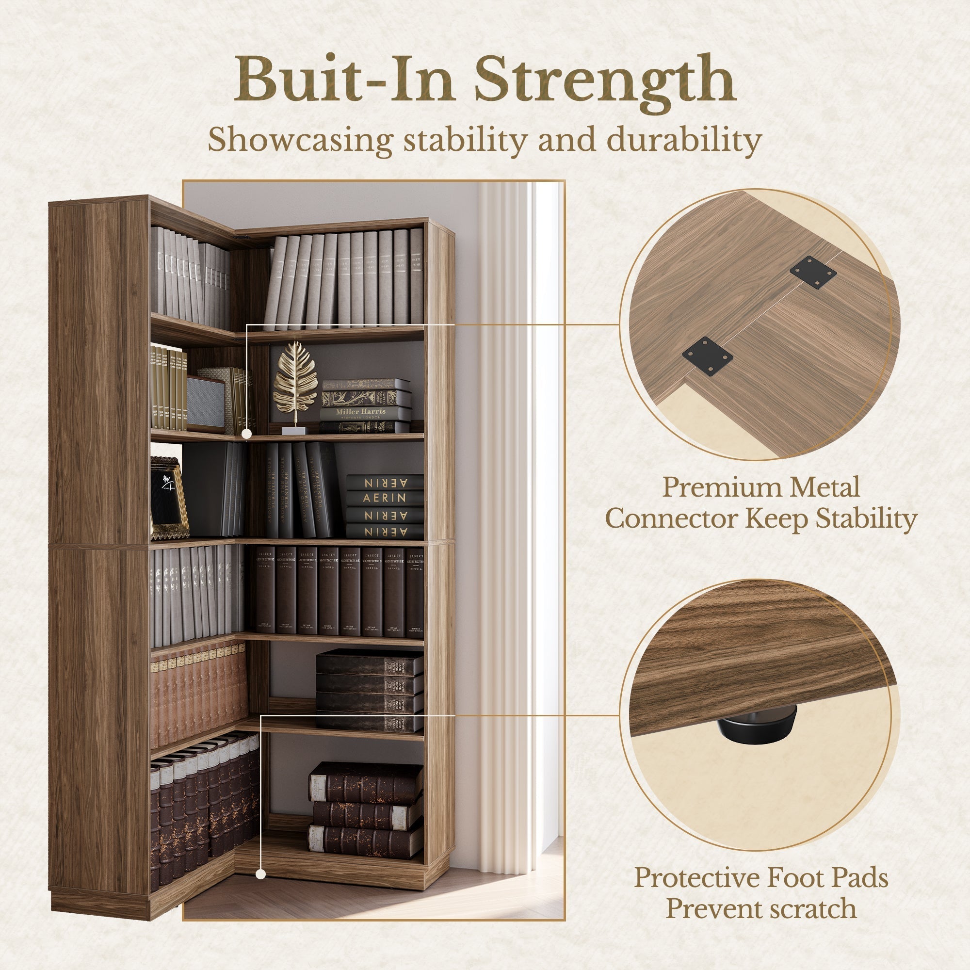 73" 6 - Tier Adjustable Corner Bookshelf - Fluted - Dark Walnut