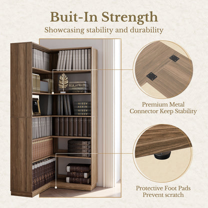 73" 6 - Tier Adjustable Corner Bookshelf - Fluted - Dark Walnut