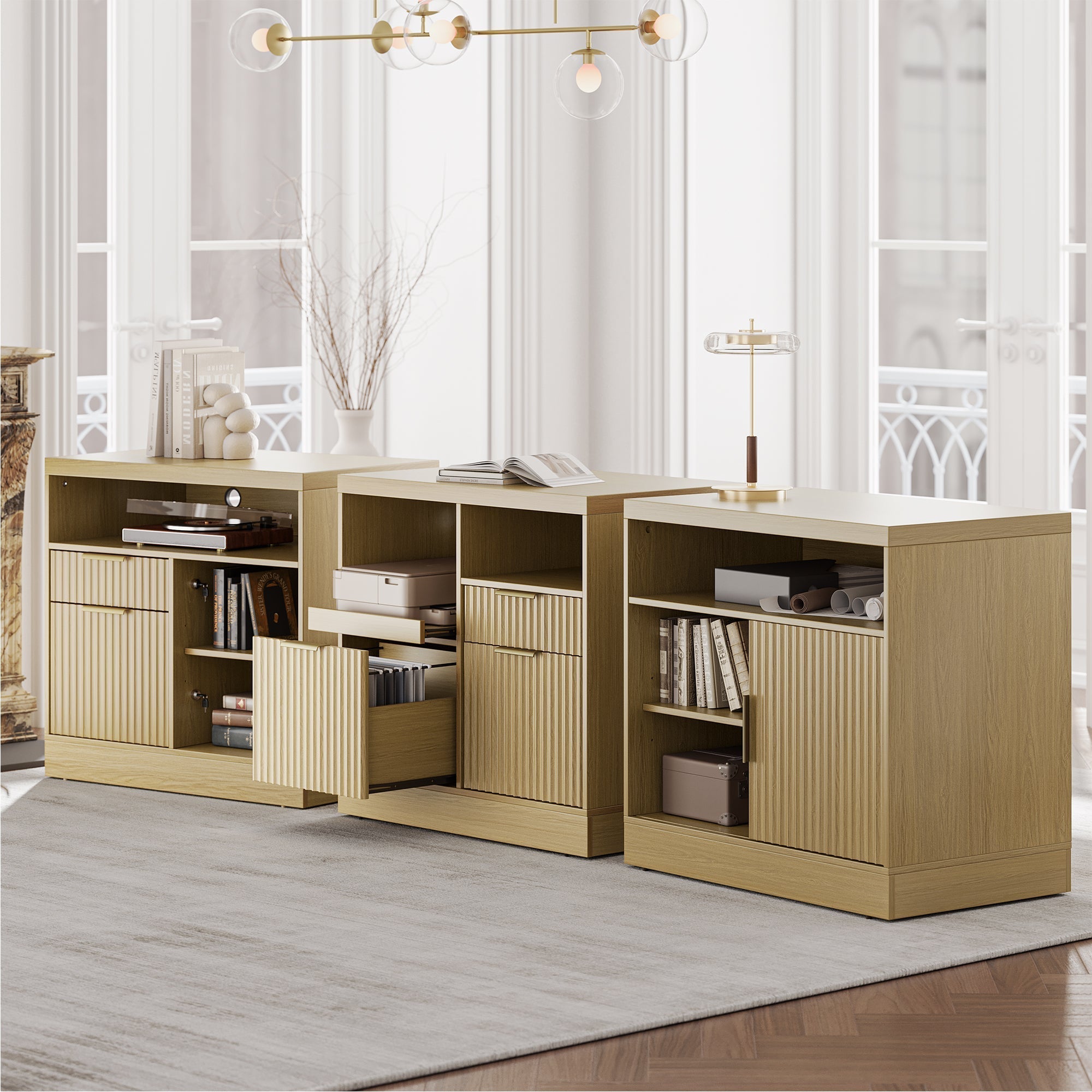 Charging Printer Storage Cabinet - Fluted - Natural Oak