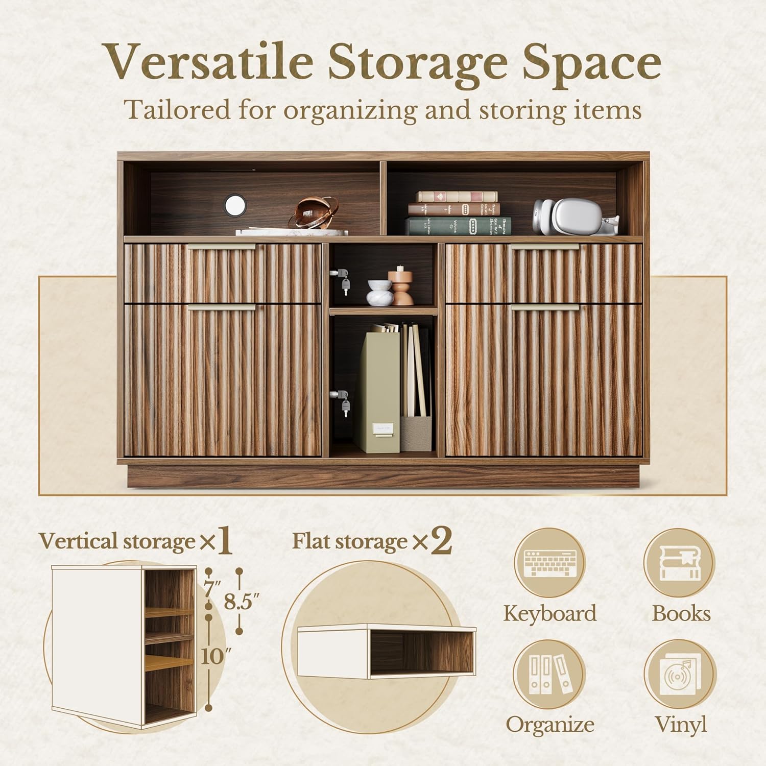 Fluted Wood Office Cabinet with Charging - Fluted - Dark Walnut