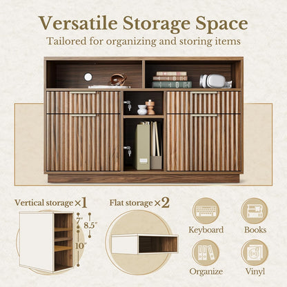 Fluted Wood Office Cabinet with Charging - Fluted - Dark Walnut