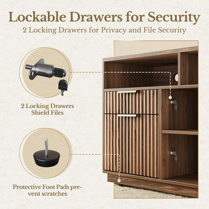 Fluted Wood Office Cabinet with Charging - Fluted - Dark Walnut