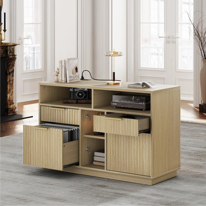 Fluted Wood Office Cabinet with Charging - Fluted - Dark Walnut