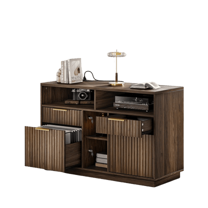 Fluted Wood Office Cabinet with Charging - Fluted - Dark Walnut