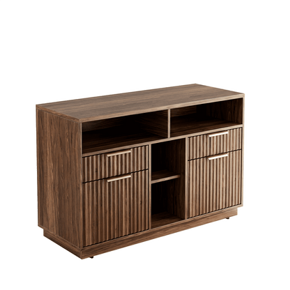 Fluted Wood Office Cabinet with Charging - Fluted - Dark Walnut
