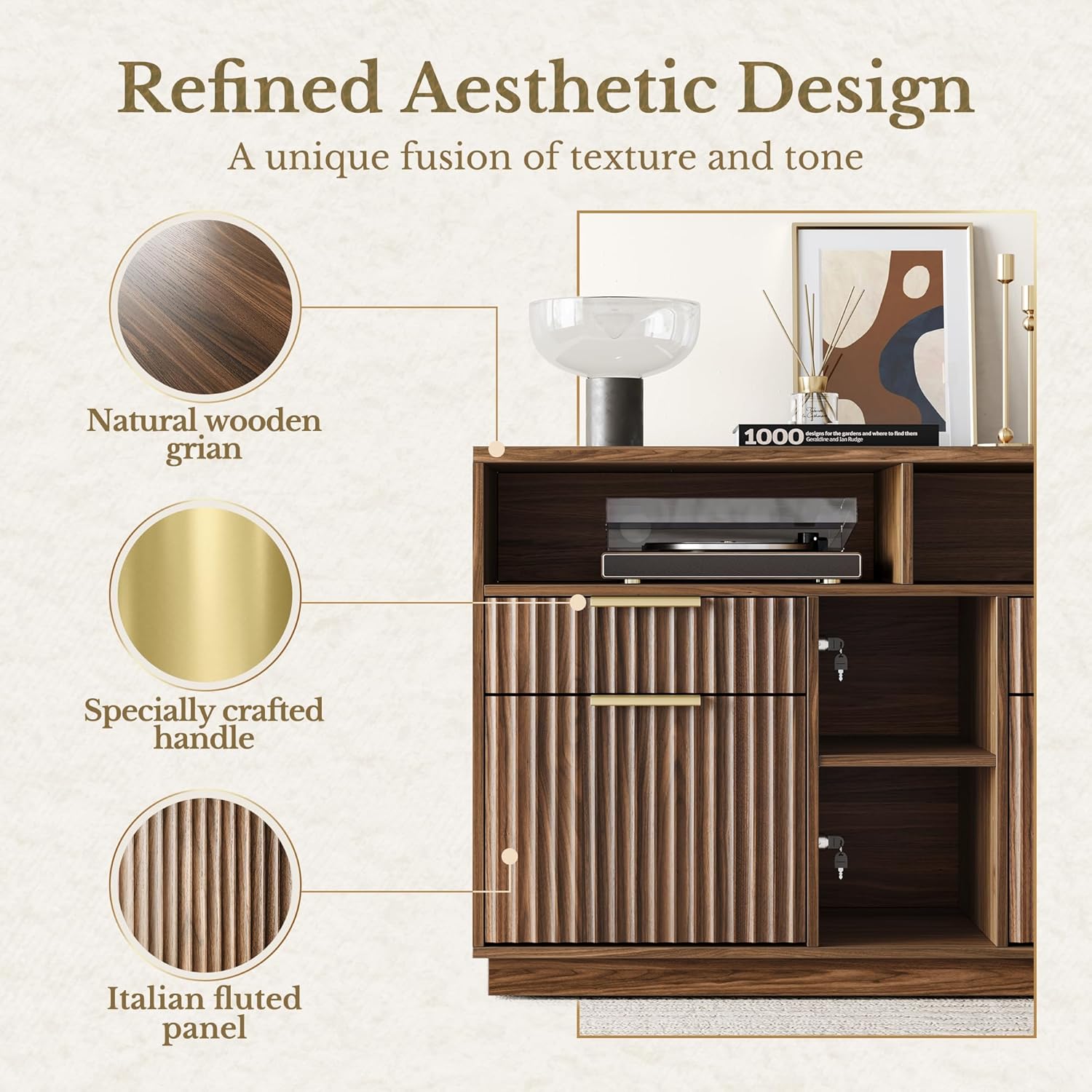 Fluted Wood Office Cabinet with Charging - Fluted - Dark Walnut