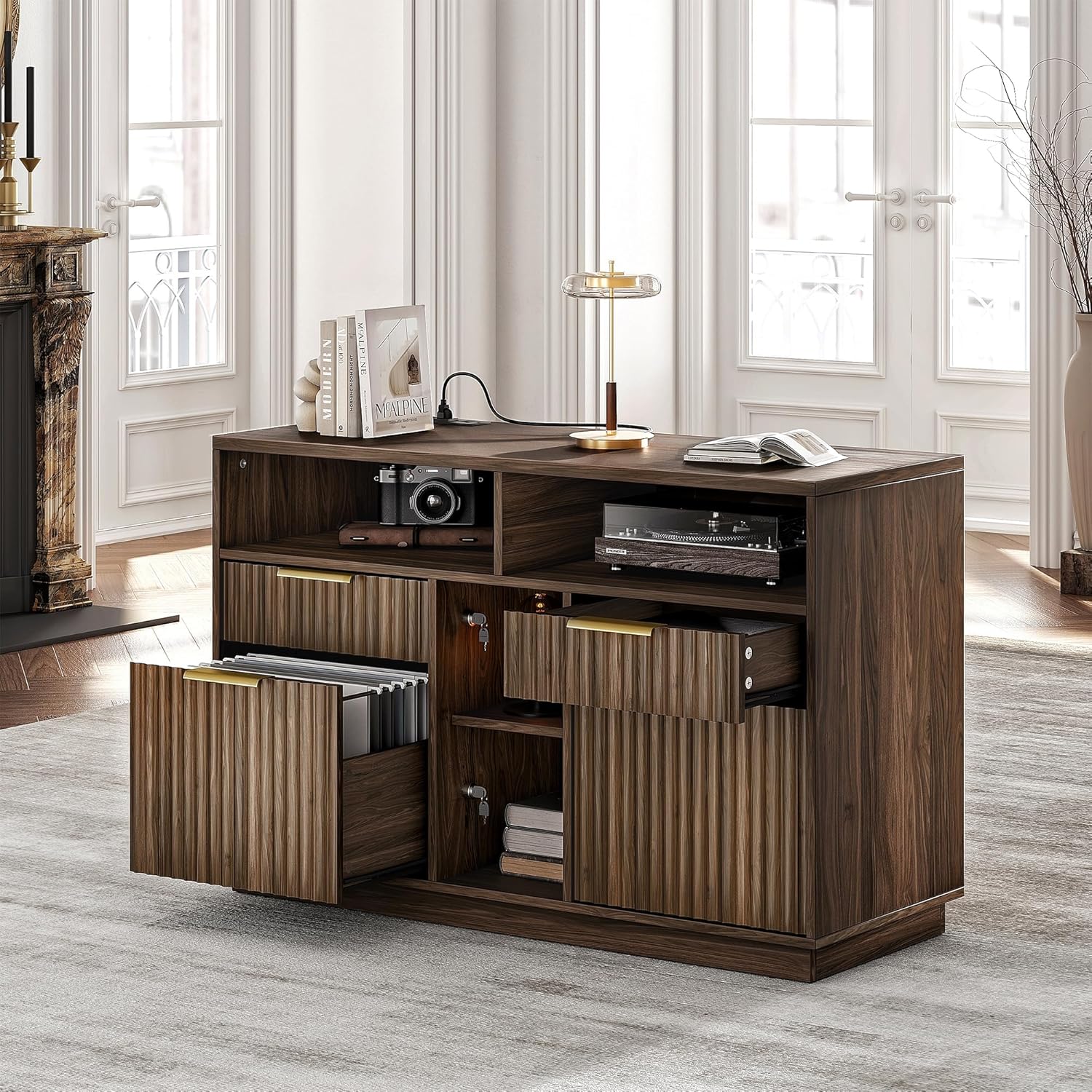 Fluted Wood Office Cabinet with Charging - Fluted - Dark Walnut