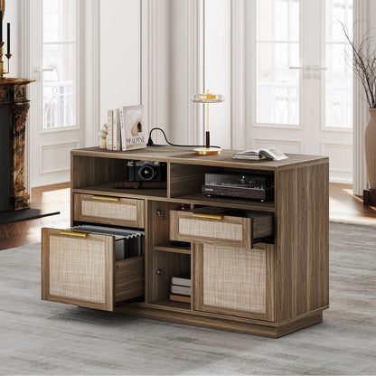 Fluted Wood Office Cabinet with Charging - Fluted - Dark Walnut