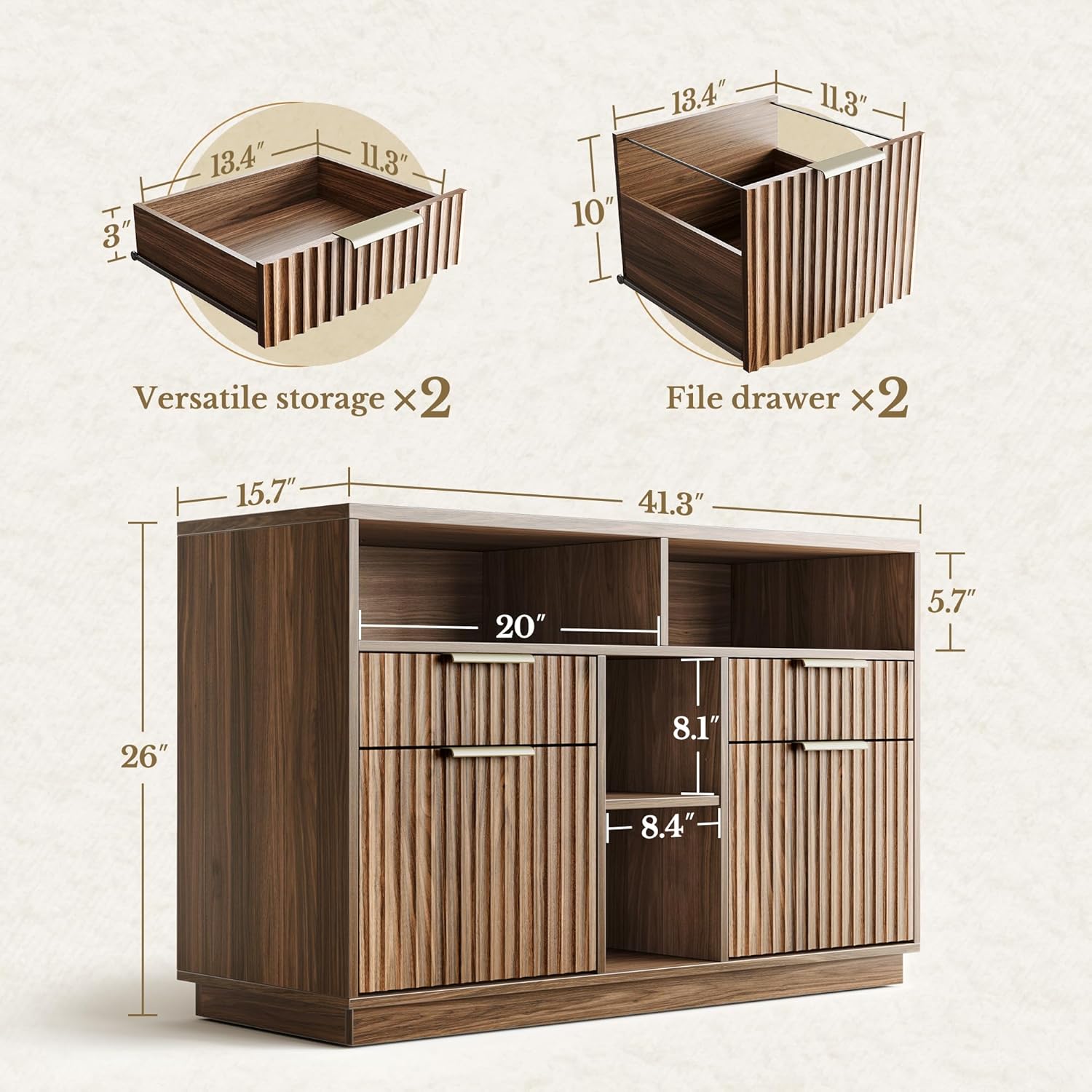 Fluted Wood Office Cabinet with Charging - Fluted - Dark Walnut