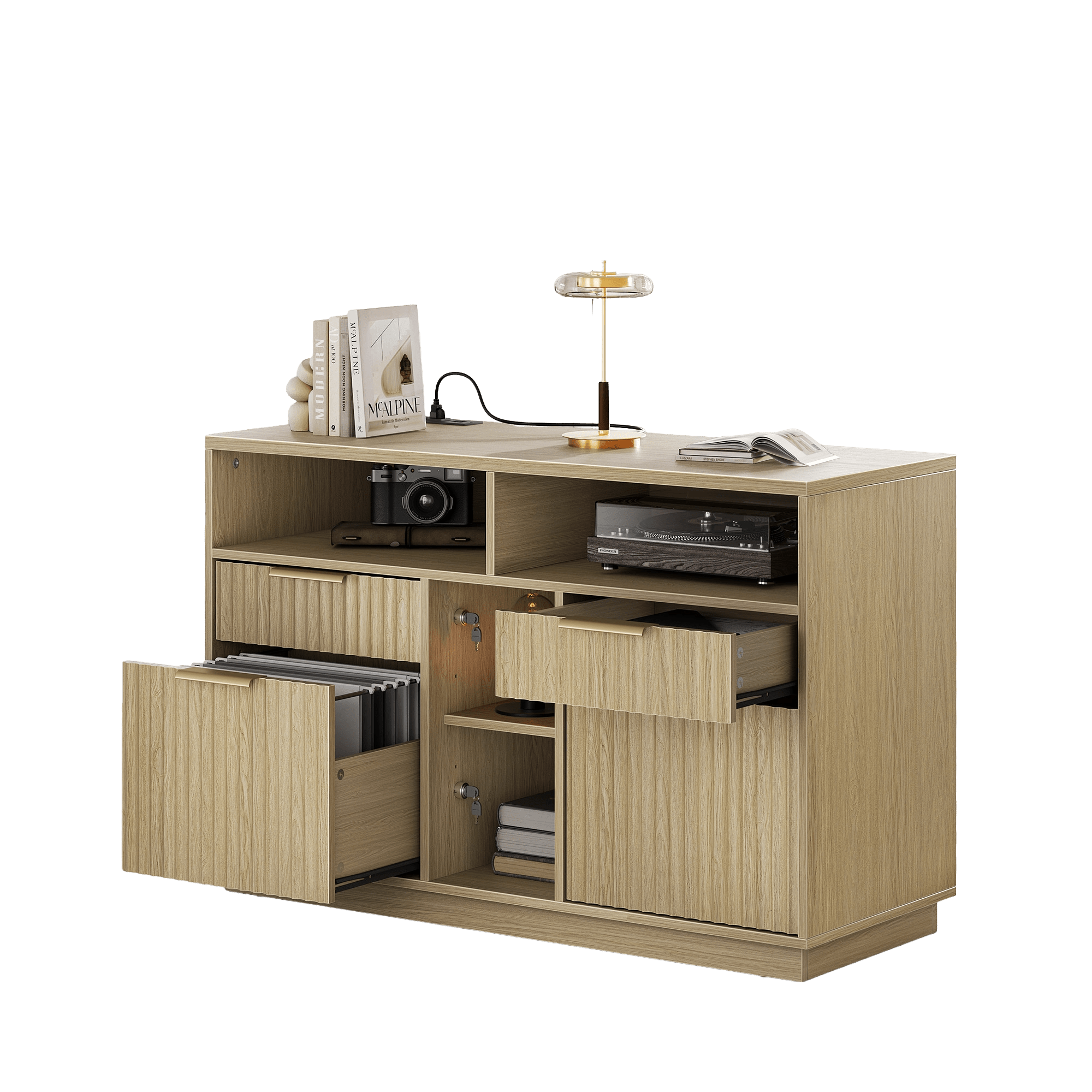 Fluted Wood Office Cabinet with Charging - Fluted - Natural Oak
