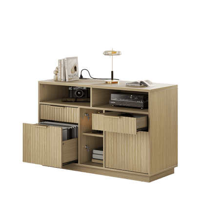 Fluted Wood Office Cabinet with Charging - Fluted - Natural Oak