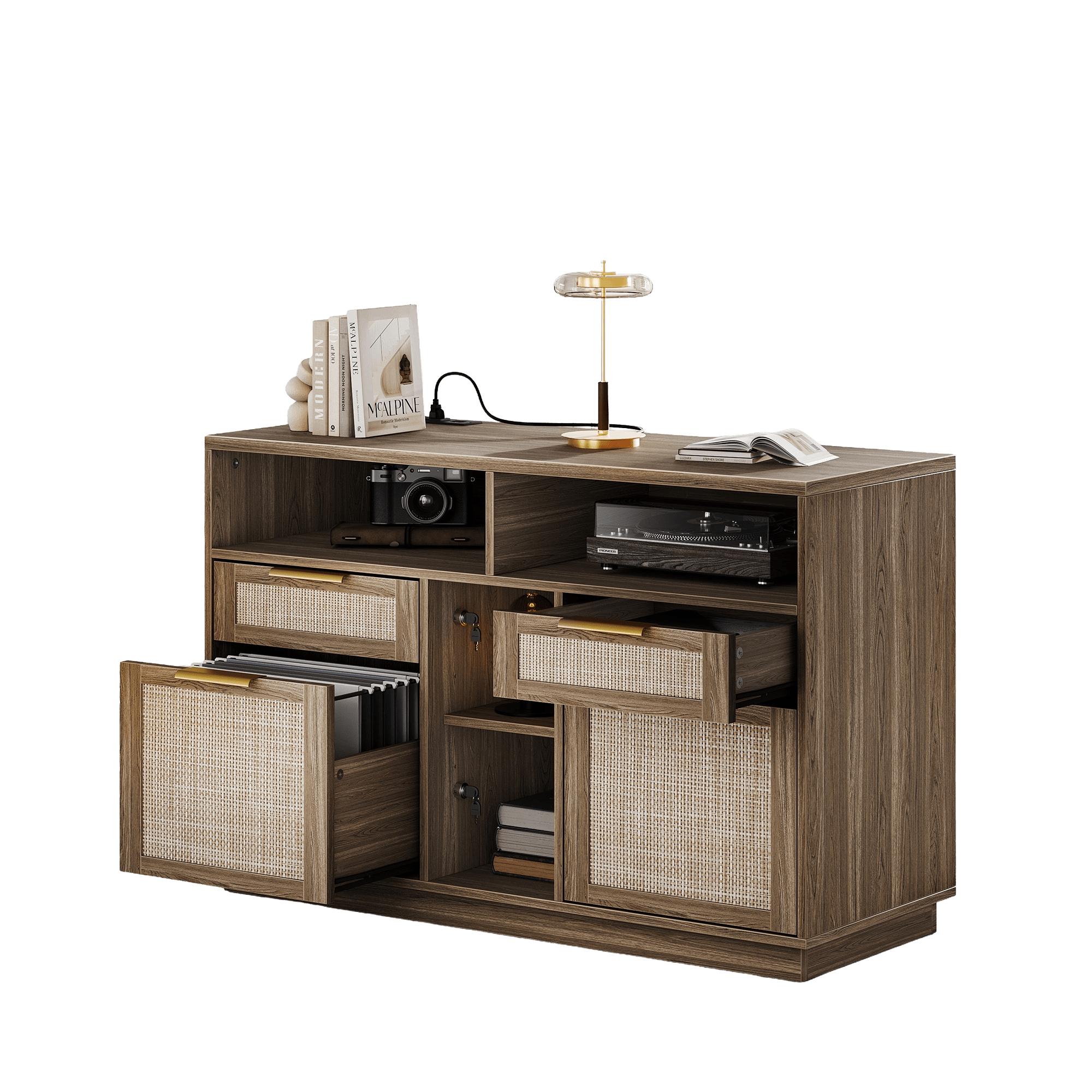 Fluted Wood Office Cabinet with Charging - Rattan - Light Walnut