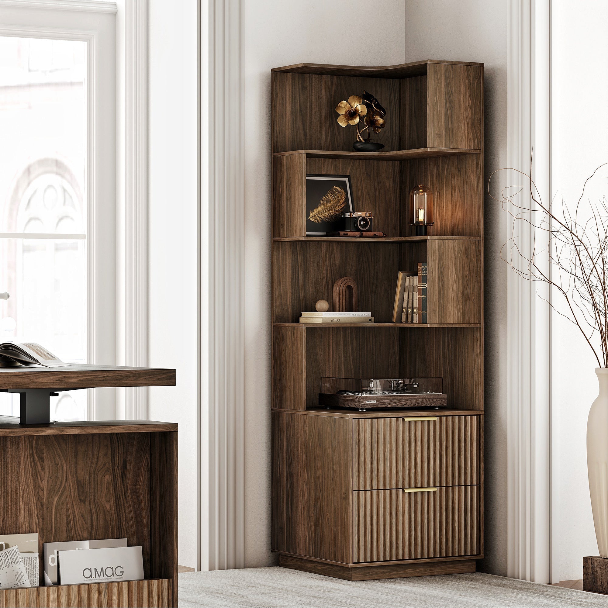 Perledesign 6 - Tier Corner Bookshelf with Drawers, 71" Tall Storage - Fluted - Dark Walnut